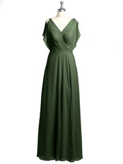 V-neck Long Chiffon Dress with Slit for Bridesmaids Olive Green