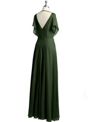 V-neck Long Chiffon Dress with Slit for Bridesmaids Olive Green