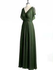 V-neck Long Chiffon Dress with Slit for Bridesmaids Olive Green