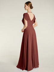 V-neck Long Chiffon Dress with Slit for Bridesmaids Terracotta