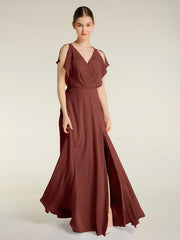 V-neck Long Chiffon Dress with Slit for Bridesmaids Terracotta