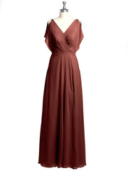 V-neck Long Chiffon Dress with Slit for Bridesmaids Terracotta