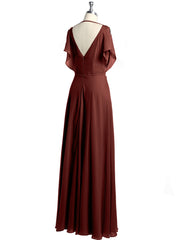 V-neck Long Chiffon Dress with Slit for Bridesmaids Terracotta