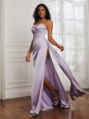 Satin Sweetheart Pleated Sheath Dress With Slit Lilac