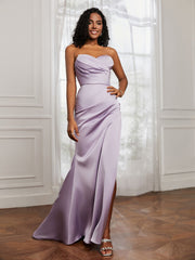 Satin Sweetheart Pleated Sheath Dress With Slit Lilac