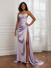 Satin Sweetheart Pleated Sheath Dress With Slit Lilac