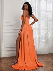 Satin Sweetheart Pleated Sheath Dress With Slit Burnt Orange