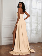 Satin Sweetheart Pleated Sheath Dress With Slit Champagne