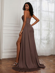 Satin Sweetheart Pleated Sheath Dress With Slit Chocolate