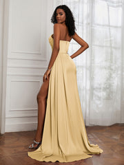 Satin Sweetheart Pleated Sheath Dress With Slit Gold