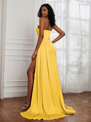 Satin Sweetheart Pleated Sheath Dress With Slit Marigold