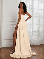 Satin Sweetheart Pleated Sheath Dress With Slit Peach