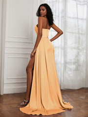 Satin Sweetheart Pleated Sheath Dress With Slit Tangerine