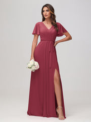 Flutter Sleeves Ruched Chiffon Dress with Slit Cinnamon Rose
