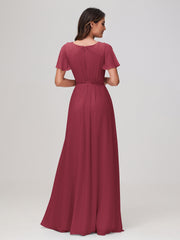 Flutter Sleeves Ruched Chiffon Dress with Slit Cinnamon Rose