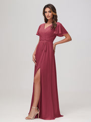 Flutter Sleeves Ruched Chiffon Dress with Slit Cinnamon Rose