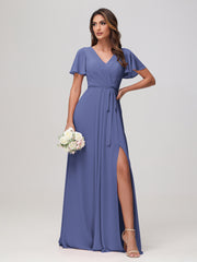 Flutter Sleeves Ruched Chiffon Dress with Slit Periwinkle
