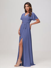 Flutter Sleeves Ruched Chiffon Dress with Slit Periwinkle