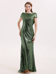 Cap Sleeves Sequins LACE Mermaid Dress Olive Green
