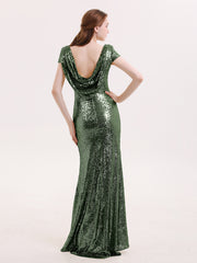 Cap Sleeves Sequins LACE Mermaid Dress Olive Green