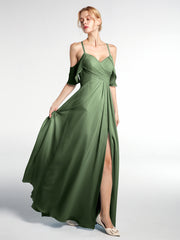 Empire Ruffle-Trimmed Sleeves Spaghetti Strap Dress Olive Green