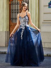 Sweetheart Floor-length Lace Appliqued Gown Dark Navy Plus Size