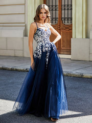Sweetheart Floor-length Lace Appliqued Gown Dark Navy Plus Size