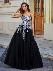 Square Neckline Lace Appliqued Tulle Gown Black Plus Size