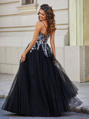 Square Neckline Lace Appliqued Tulle Gown Black Plus Size