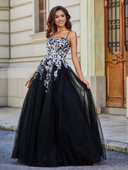 Square Neckline Lace Appliqued Tulle Gown Black Plus Size