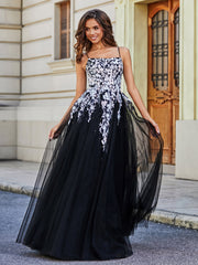 Square Neckline Lace Appliqued Tulle Gown Black Plus Size