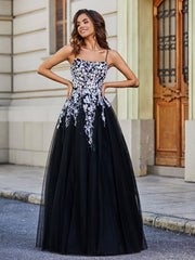 Square Neckline Lace Appliqued Tulle Gown Black Plus Size
