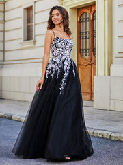 Square Neckline Lace Appliqued Tulle Gown Black Plus Size