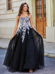 Square Neckline Lace Appliqued Tulle Gown Black Plus Size