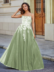 Square Neckline Lace Appliqued Tulle Gown Dusty Sage