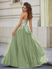 Square Neckline Lace Appliqued Tulle Gown Dusty Sage
