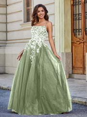 Square Neckline Lace Appliqued Tulle Gown Dusty Sage Plus Size