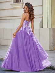 Square Neckline Lace Appliqued Tulle Gown Lilac