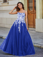 Square Neckline Lace Appliqued Tulle Gown Royal Blue Plus Size