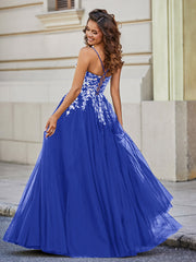 Square Neckline Lace Appliqued Tulle Gown Royal Blue Plus Size