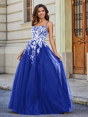 Square Neckline Lace Appliqued Tulle Gown Royal Blue Plus Size