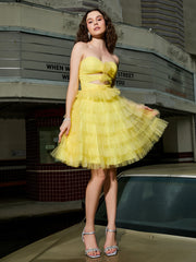 A-line Strapless Tulle Tiered Short Dress Daffodil