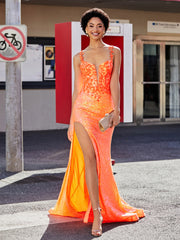 Trumpet Sequin Appliqued Gown With Slit Orange Plus Size
