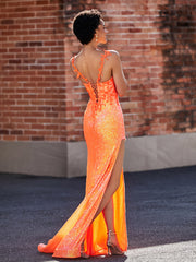 Trumpet Sequin Appliqued Gown With Slit Orange Plus Size