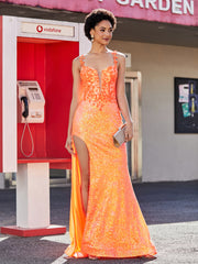 Trumpet Sequin Appliqued Gown With Slit Orange Plus Size