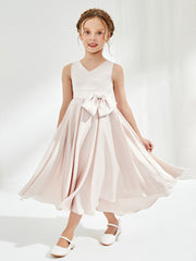 V-Neck Acetate Satin Girl's Dress with Bow Rose Petal