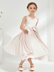 V-Neck Acetate Satin Girl's Dress with Bow Rose Petal
