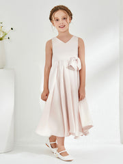 V-Neck Acetate Satin Girl's Dress with Bow Rose Petal
