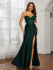 Appliqued Bodice Mermaid Dress With Slit Dark Green