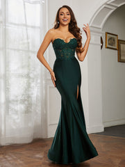 Appliqued Bodice Mermaid Dress With Slit Dark Green